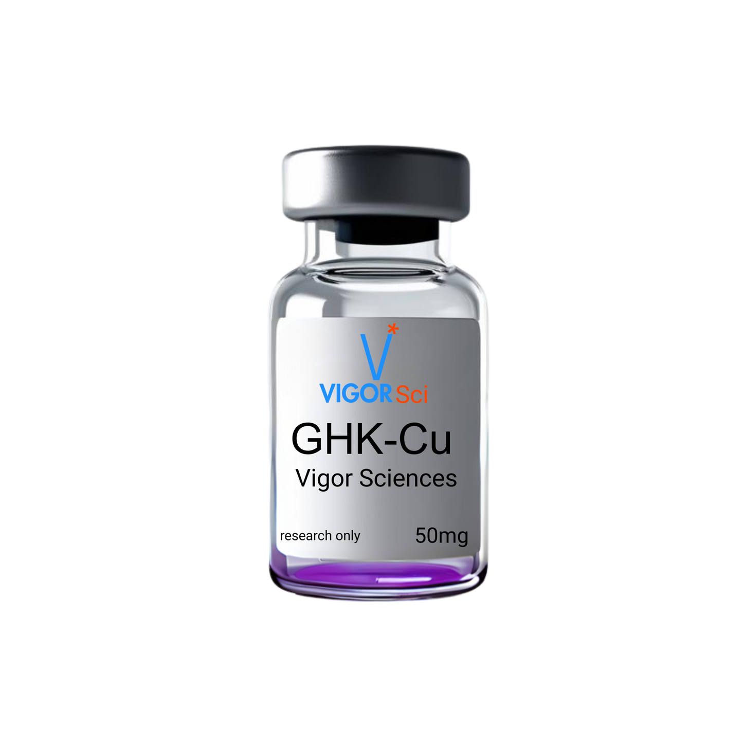 A vial labeled GHK-Cu containing the CHK copper peptide for anti-aging in 50mg Purple peptide powder in a vial