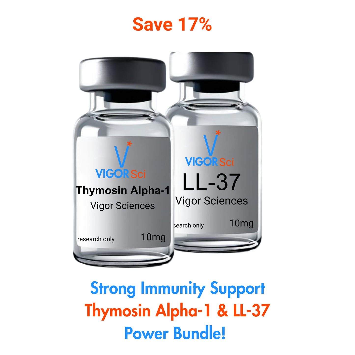 Two vials labeled 'Thymosin Alpha-1' and 'LL-37' from Vigor Sciences with promotional text on a white background. Premium Peptides healing recovering virus infection fighting immunity immune support
