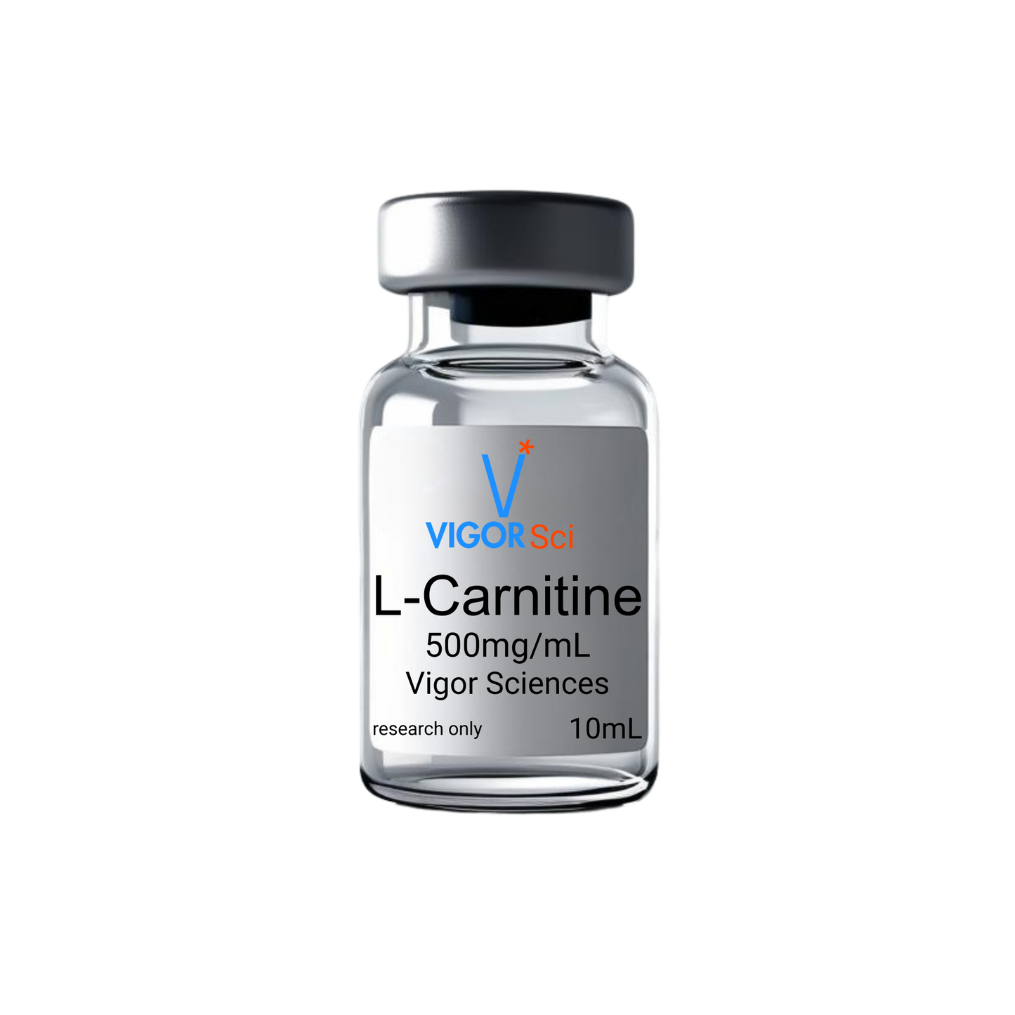 Vial labeled 'L-Carnitine 5000 mg/mL' by Vigor Sciences on a white , background L-Carnitine amino acid for energy and fat loss