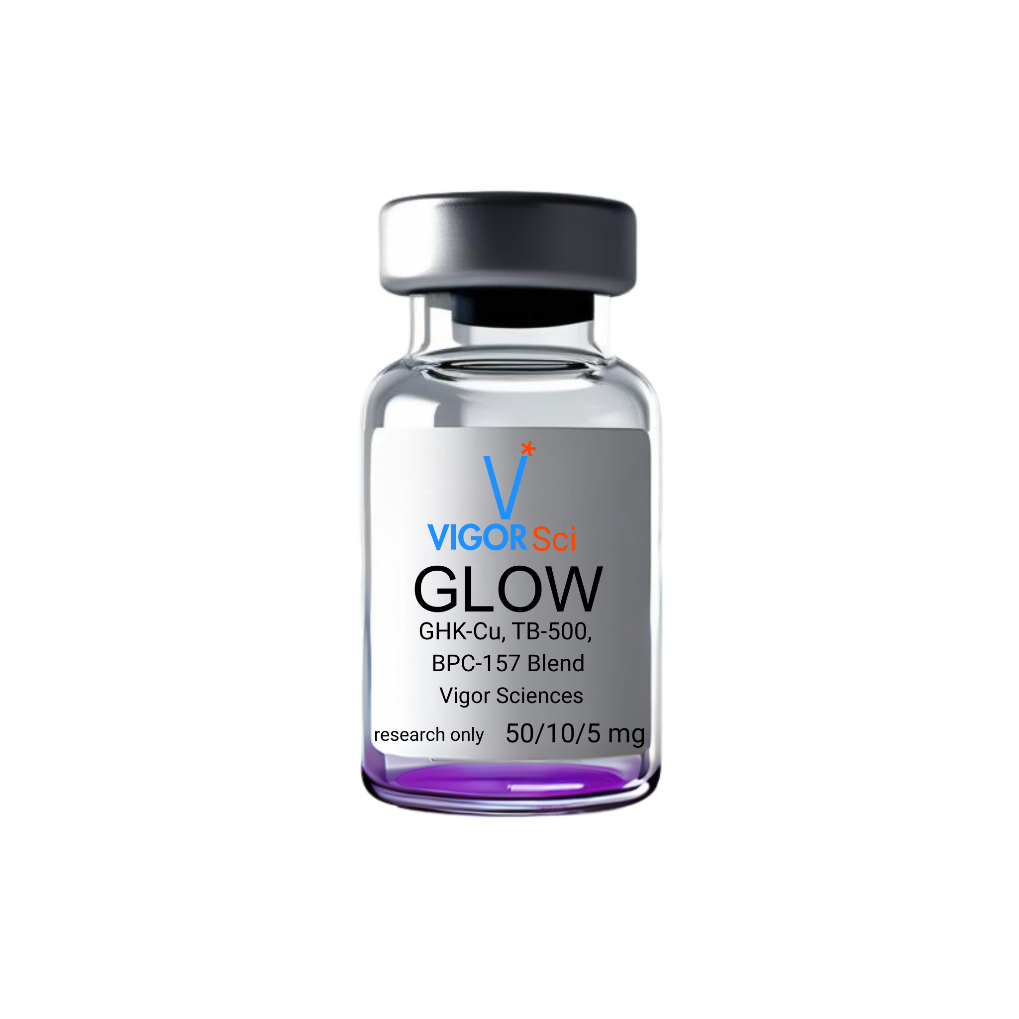 A vial labeled 'GLow' containing a blend of GHK-Cu, TB-500, BPC-157 peptides with a dosage indication of 50/10/5 mg. Purple powder in a vial