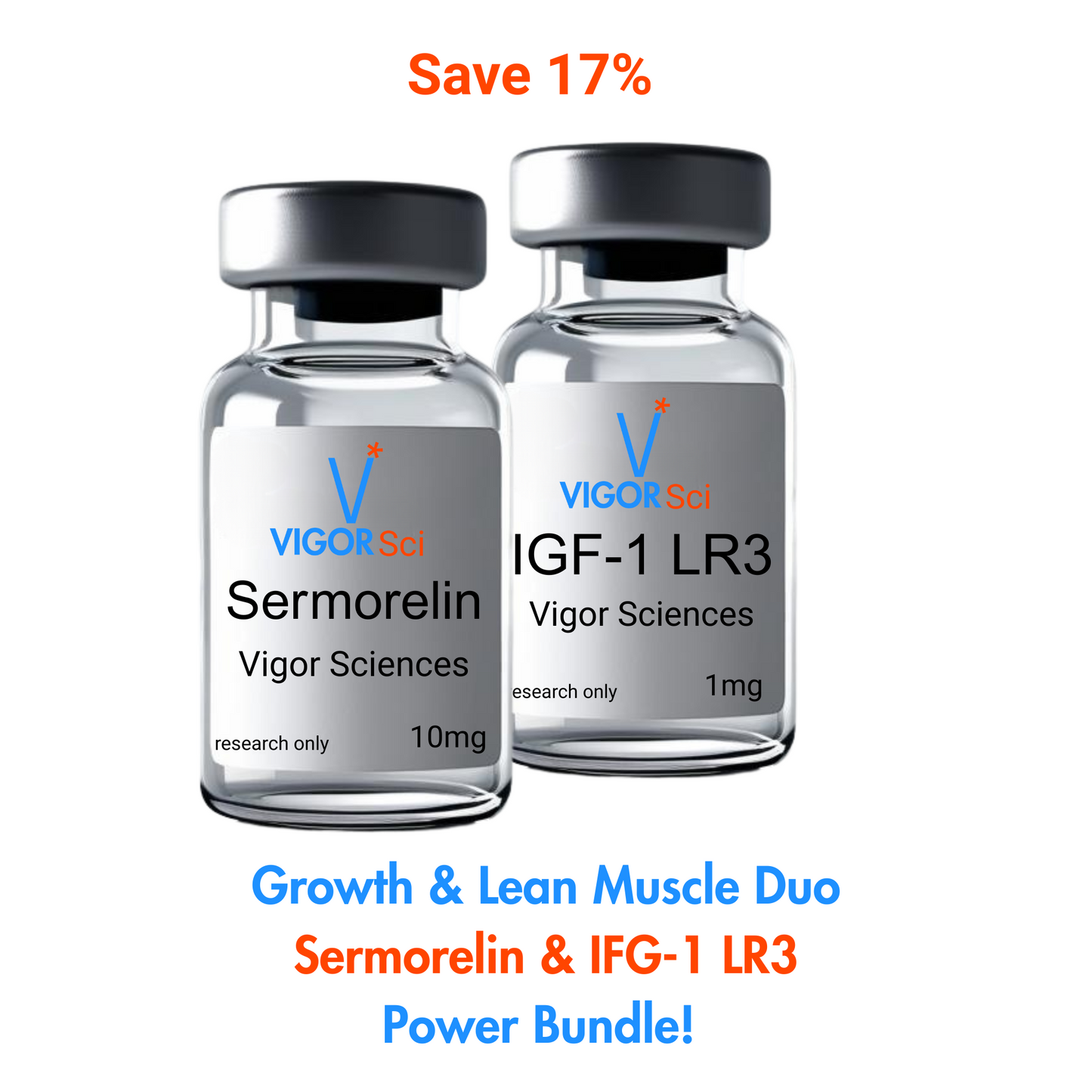 Two vials labeled 'Sermorelin' and 'IGF-1 LR3' from Vigor Sciences with promotional text on a white background. Human growth HGH Peptide Premium peptides IGF1 LR3 Peptide