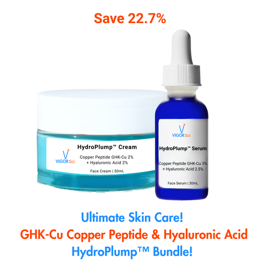 HydroPlump Cream and Serum with promotional text on a white background Copper peptide serum GHk=K-Cu
