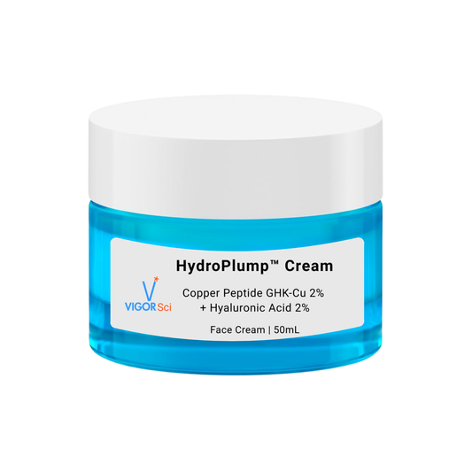 HydroPlump Cream jar with blue and white design on a white background Copper peptide face cream blue butter cream face peptide 
