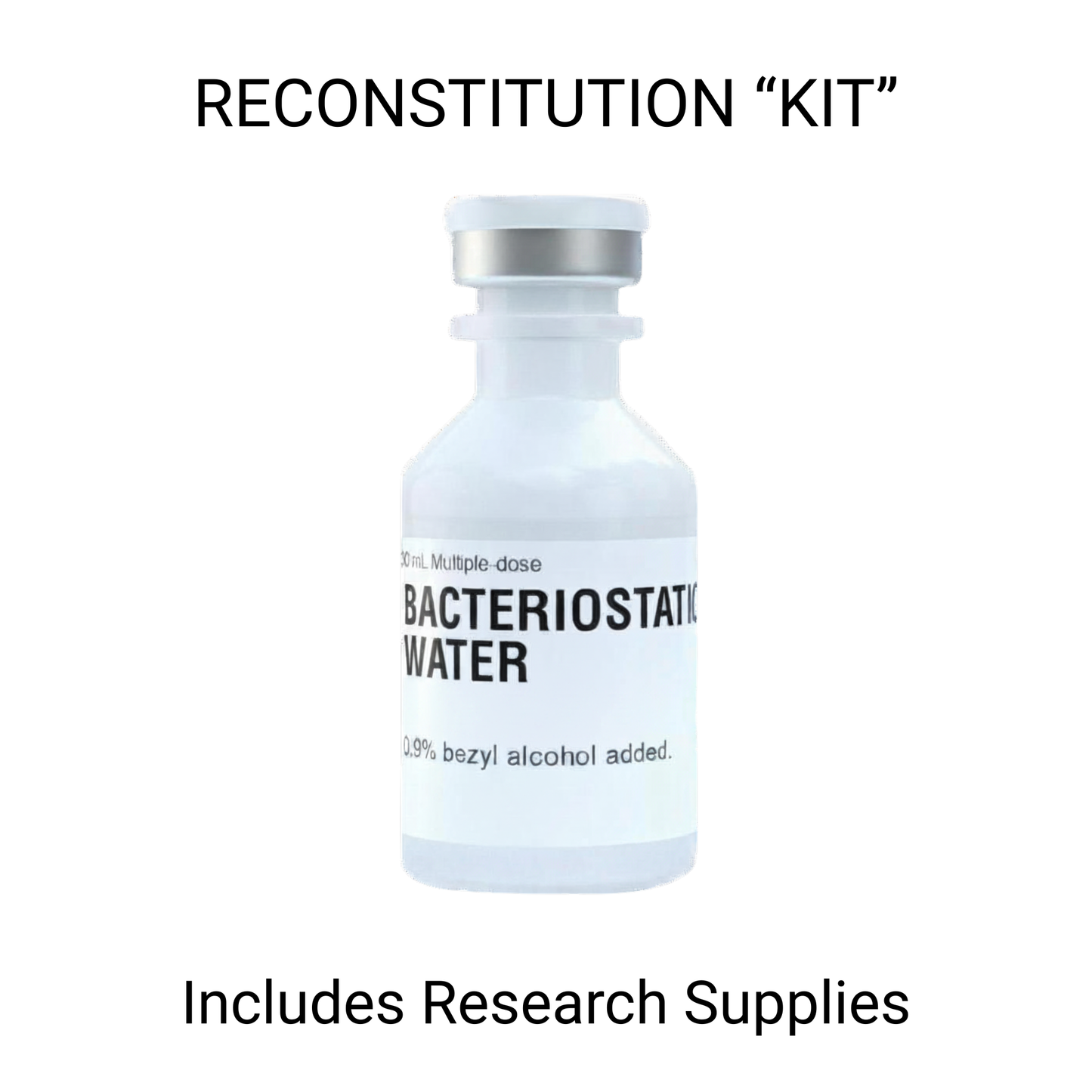 A small white bottle labeled 'BACTERIOSTATIC WATER' with a silver cap, centered on a white background, with the text 'RECONSTITUTION "KIT"' at the top and 'Includes Research Supplies' at the bottom.