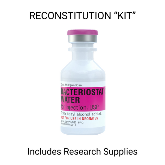 Bacteriostatic water vial with pink label on a white background kit includes research supplies